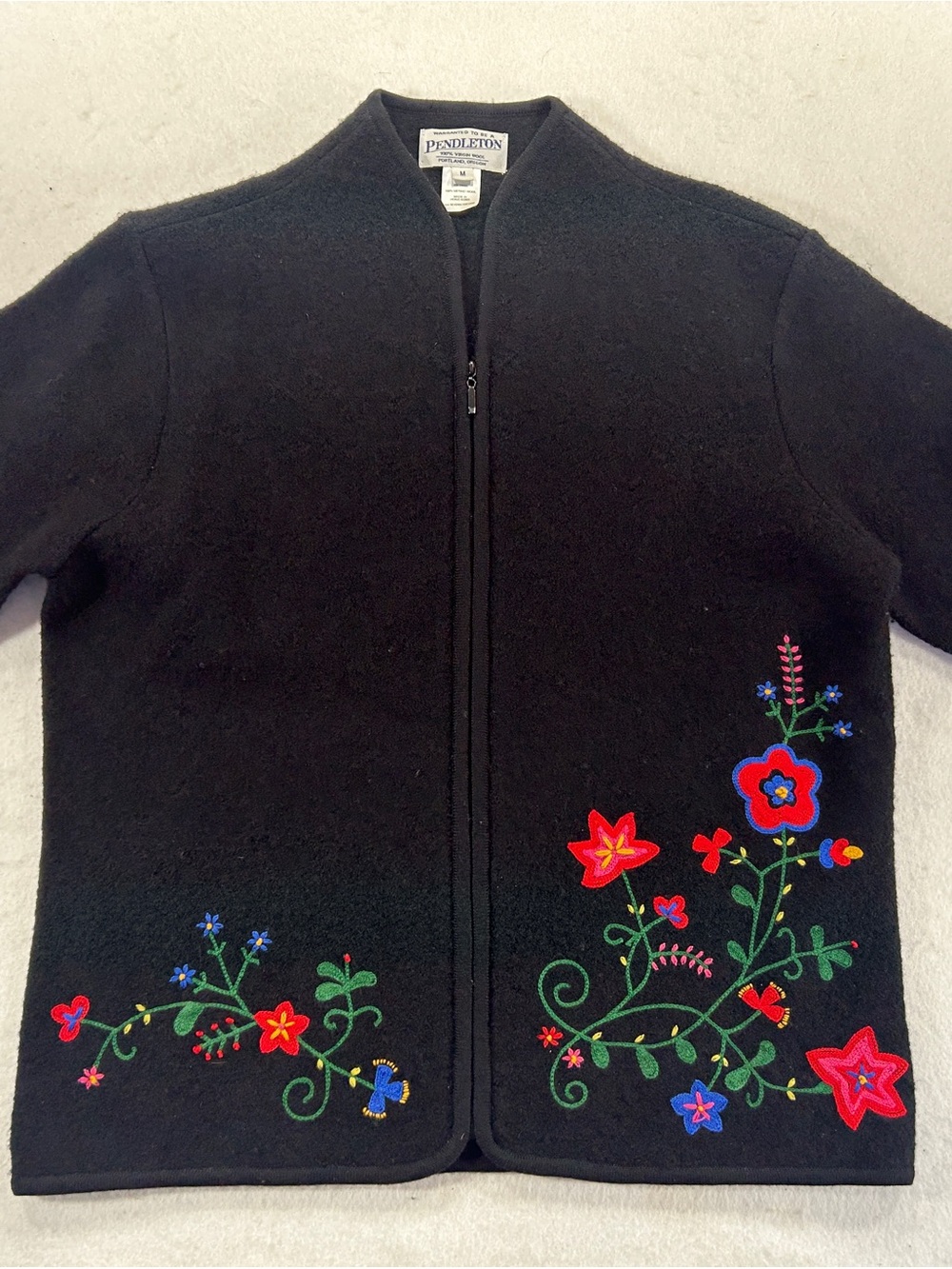 Vintage Pendleton Women’s M Merino Wool Zip Jacket Floral Embroidered